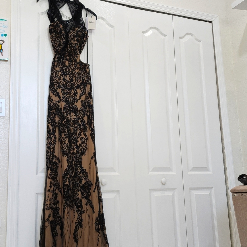 Black and Nude open back embroidered dress